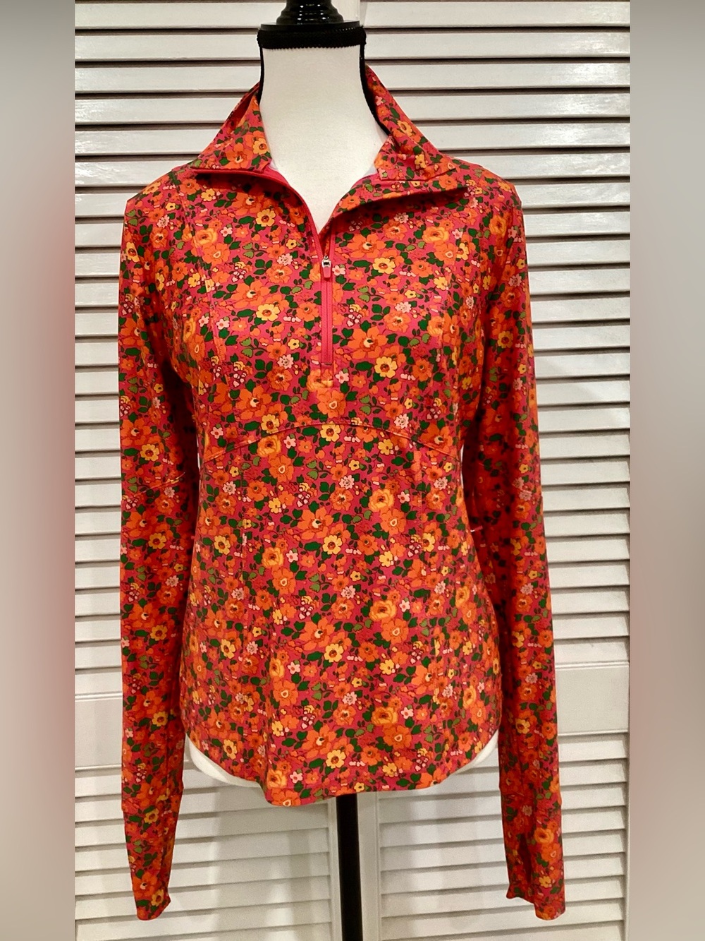 Liberty of London Orange Floral 1/4 Zip Medium Mock Neck Running Top Thumb Holes